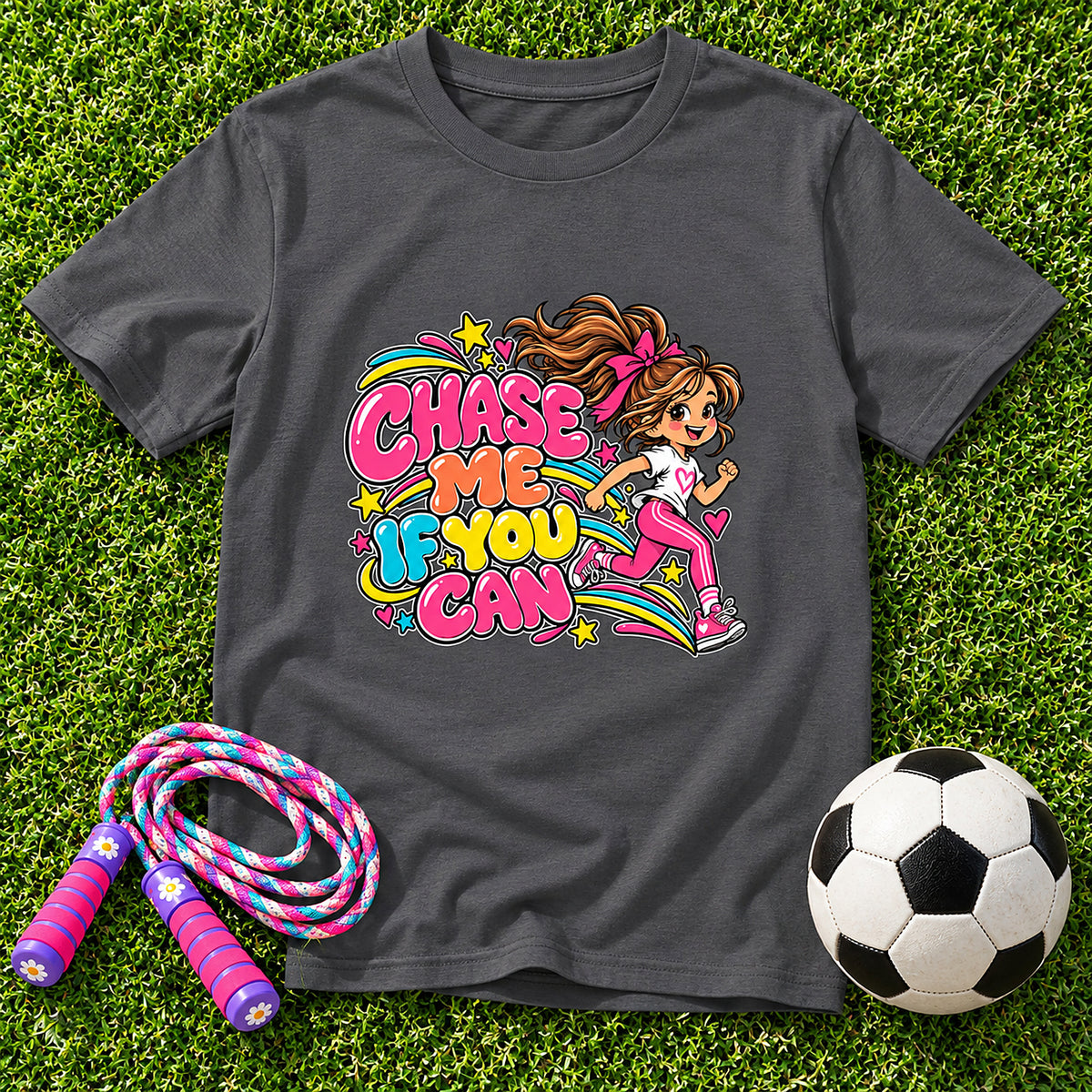 Chase Me, If You Can. Girls T-Shirt - Charcoal