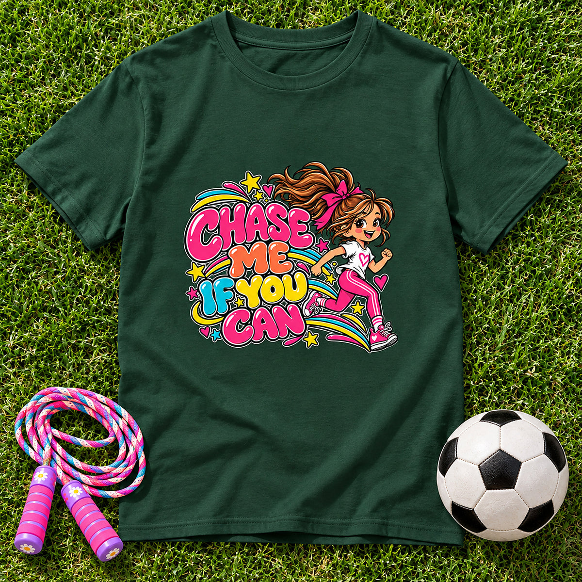 Chase Me, If You Can. Girls T-Shirt - Forest Green