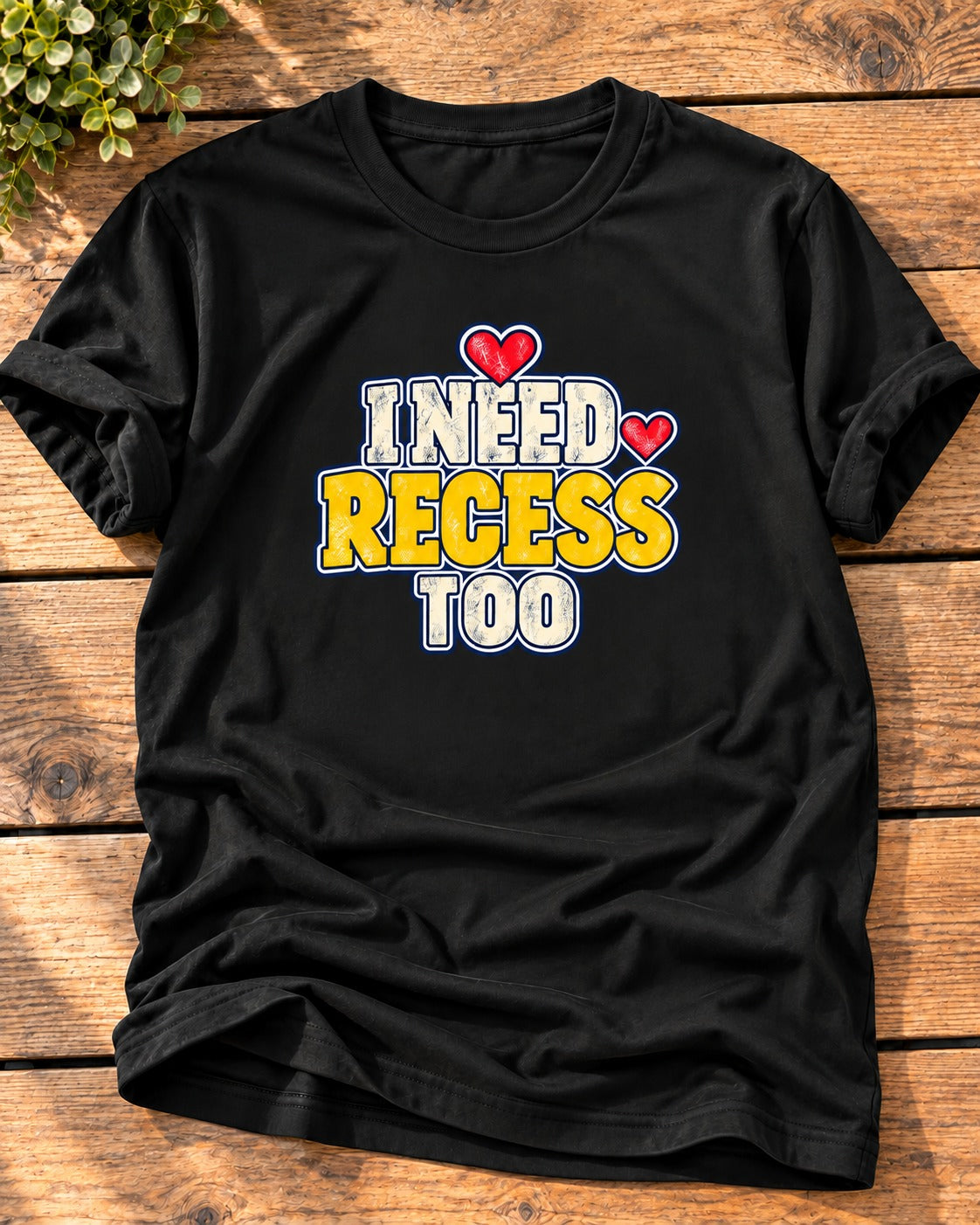 Black "I Need Recess Too" mom t-shirt with cream and yellow varsity letters