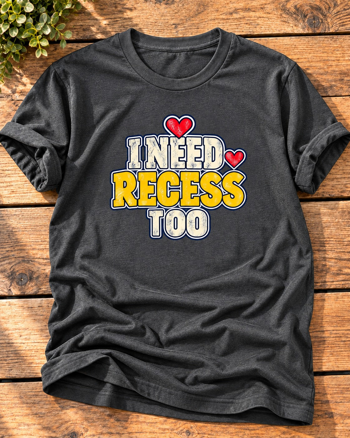 Dark Heather "I Need Recess Too" mom t-shirt with cream and yellow varsity letters
