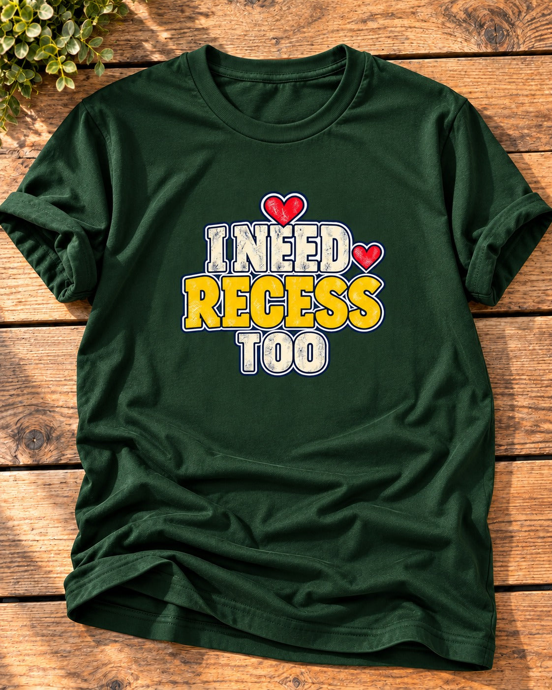 Forest Green "I Need Recess Too" mom t-shirt with cream and yellow varsity letters