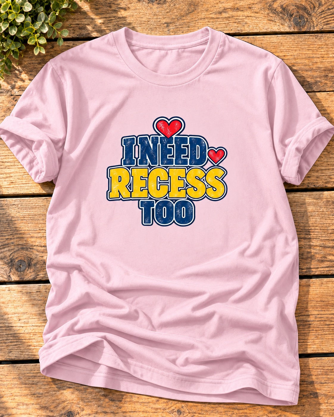 Light Pink "I Need Recess Too" mom t-shirt with cream and yellow varsity letters