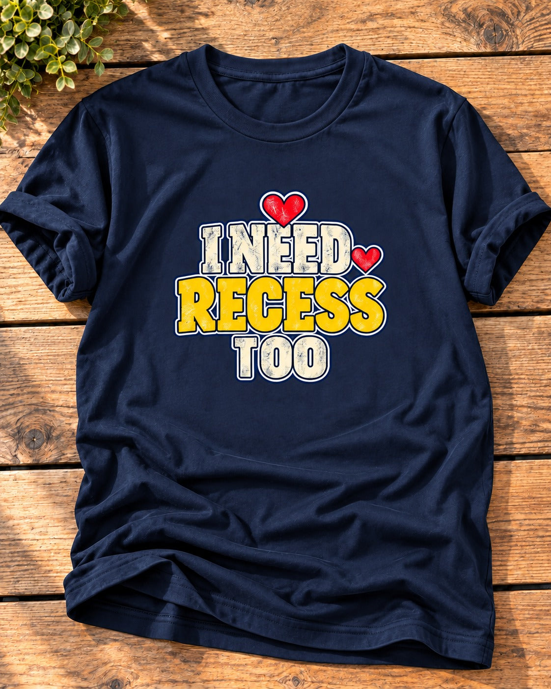 Navy "I Need Recess Too" mom t-shirt with cream and yellow varsity letters