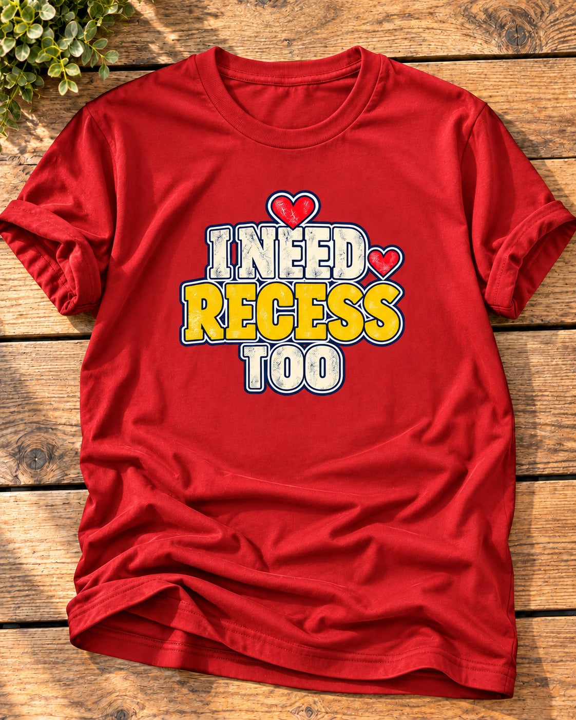 Red "I Need Recess Too" mom t-shirt with cream and yellow varsity letters