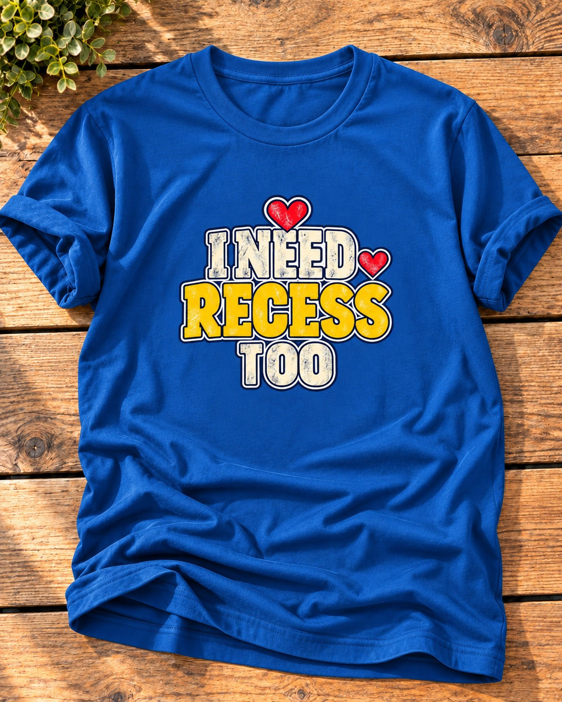 Royal "I Need Recess Too" mom t-shirt with cream and yellow varsity letters