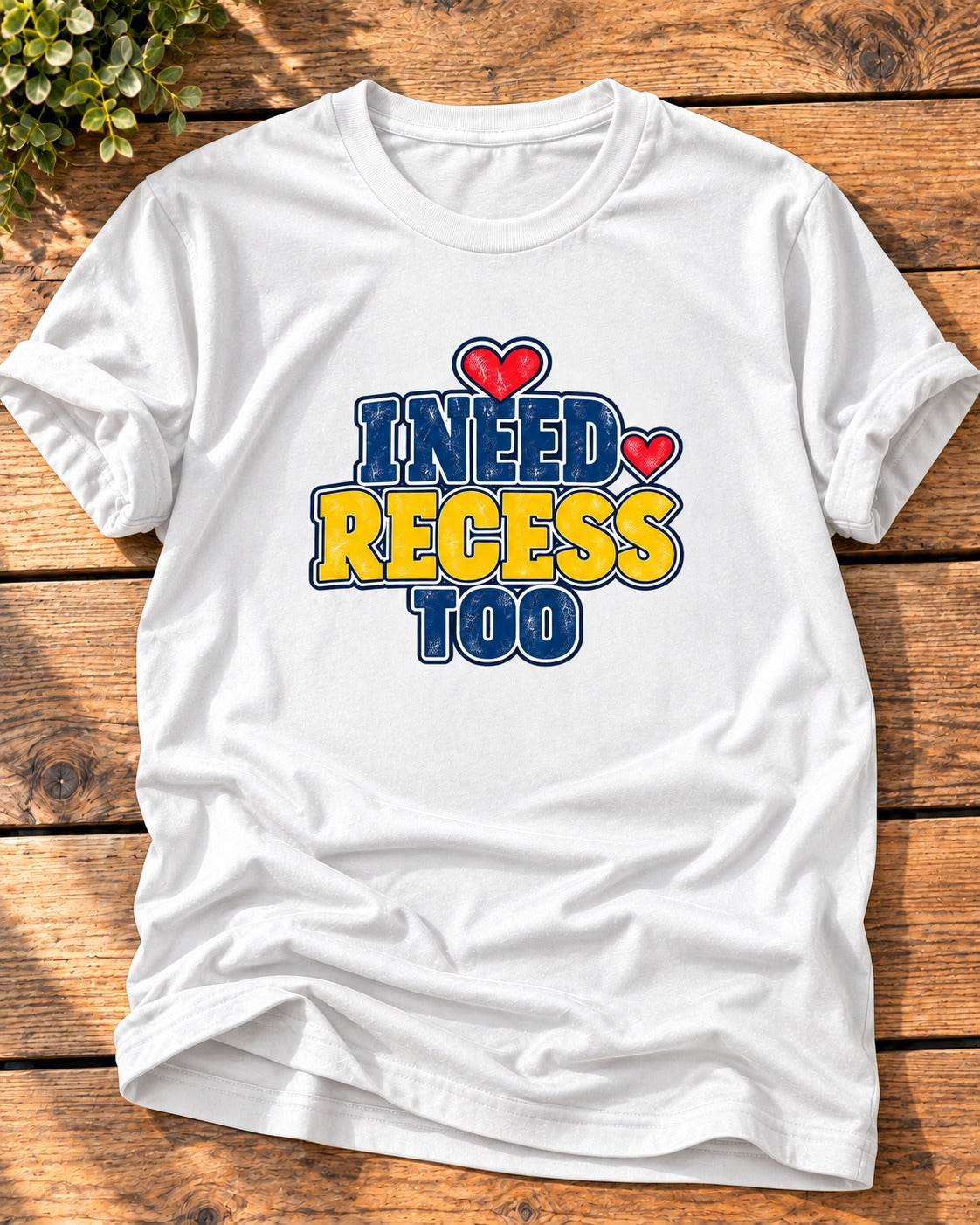 White "I Need Recess Too" mom t-shirt with cream and yellow varsity letters