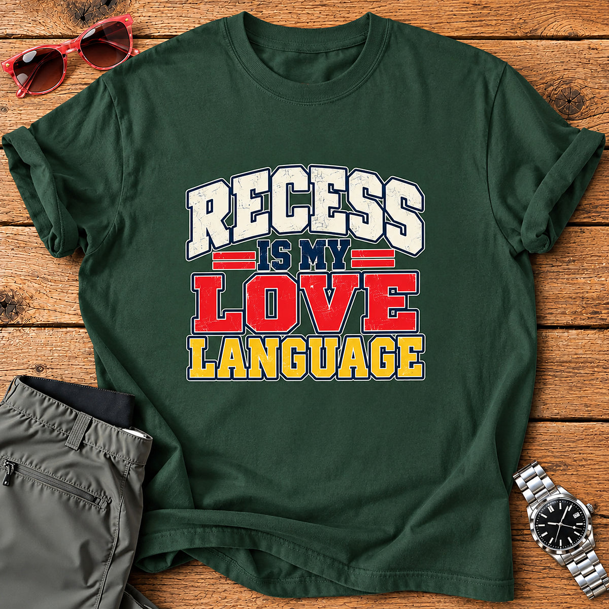 Recess Is My Love Language Parent T-Shirt - Forest Green