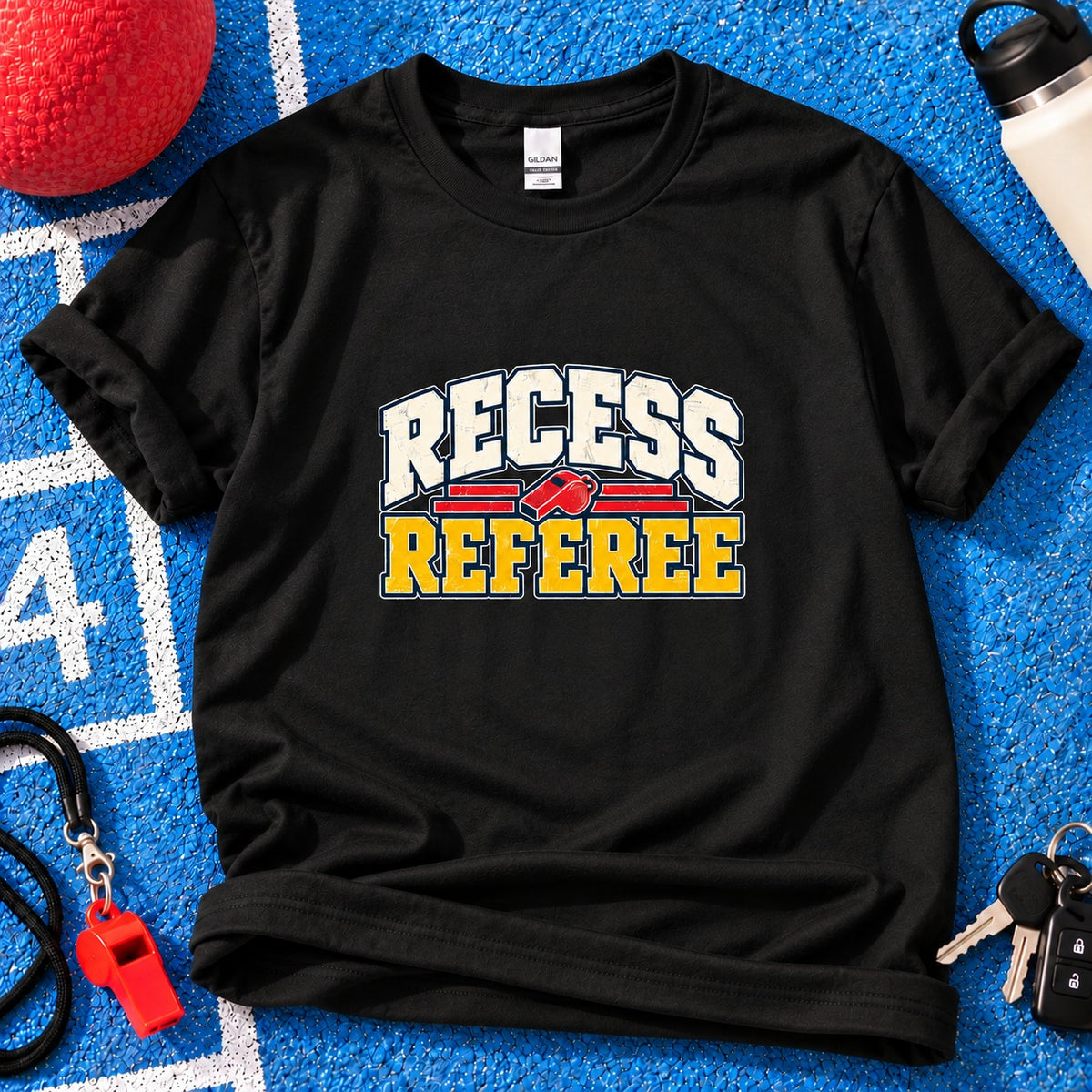 Recess Referee Parent T-Shirt in Black on blue playground background