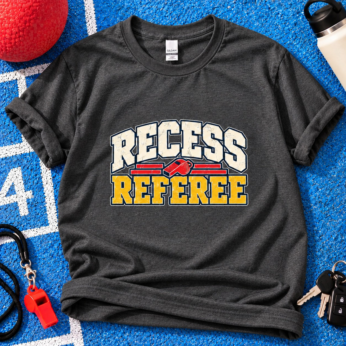 Recess Referee Parent T-Shirt in Dark Heather on blue playground background