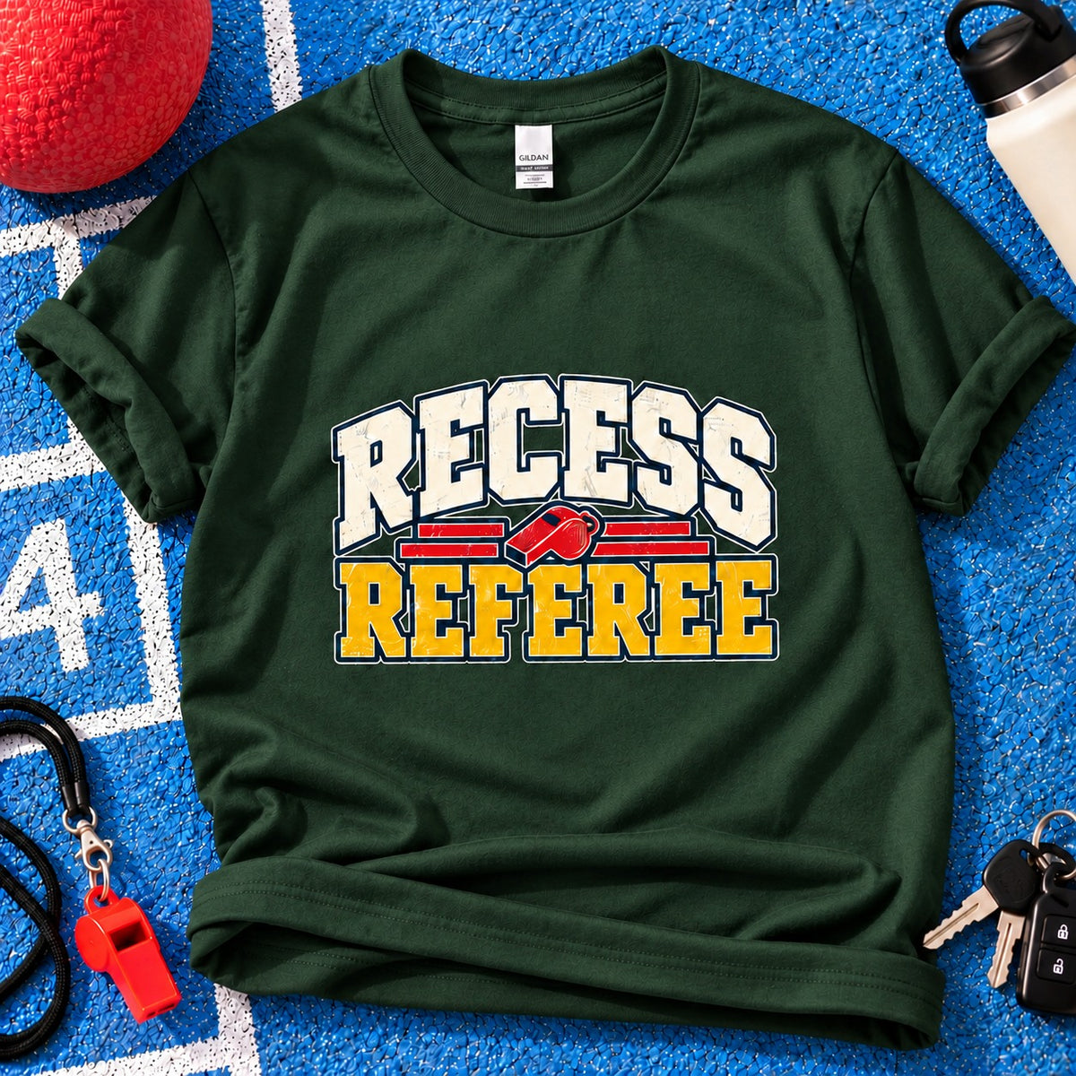Recess Referee Parent T-Shirt in Forest Green on blue playground background