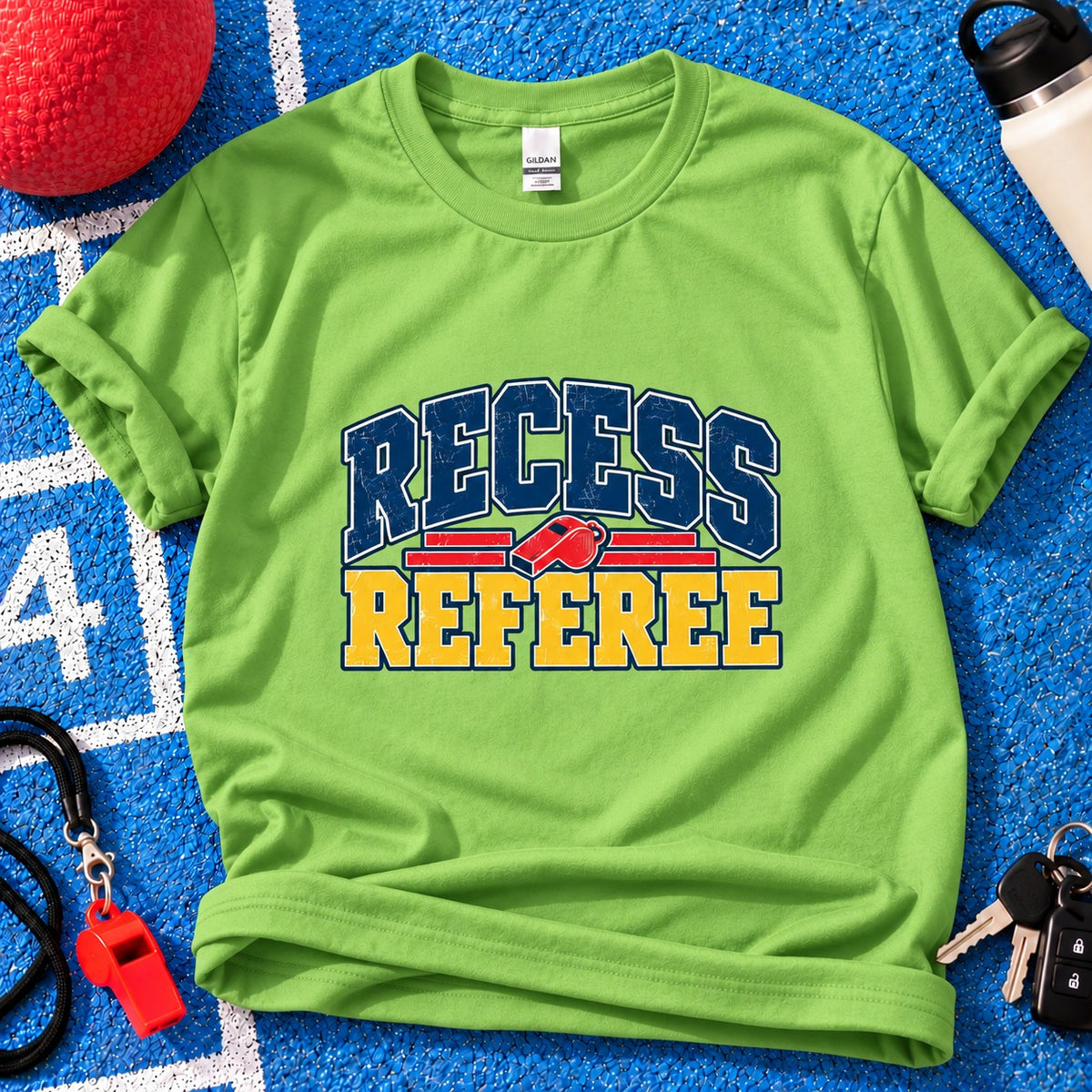 Recess Referee Parent T-Shirt in Lime on blue playground background