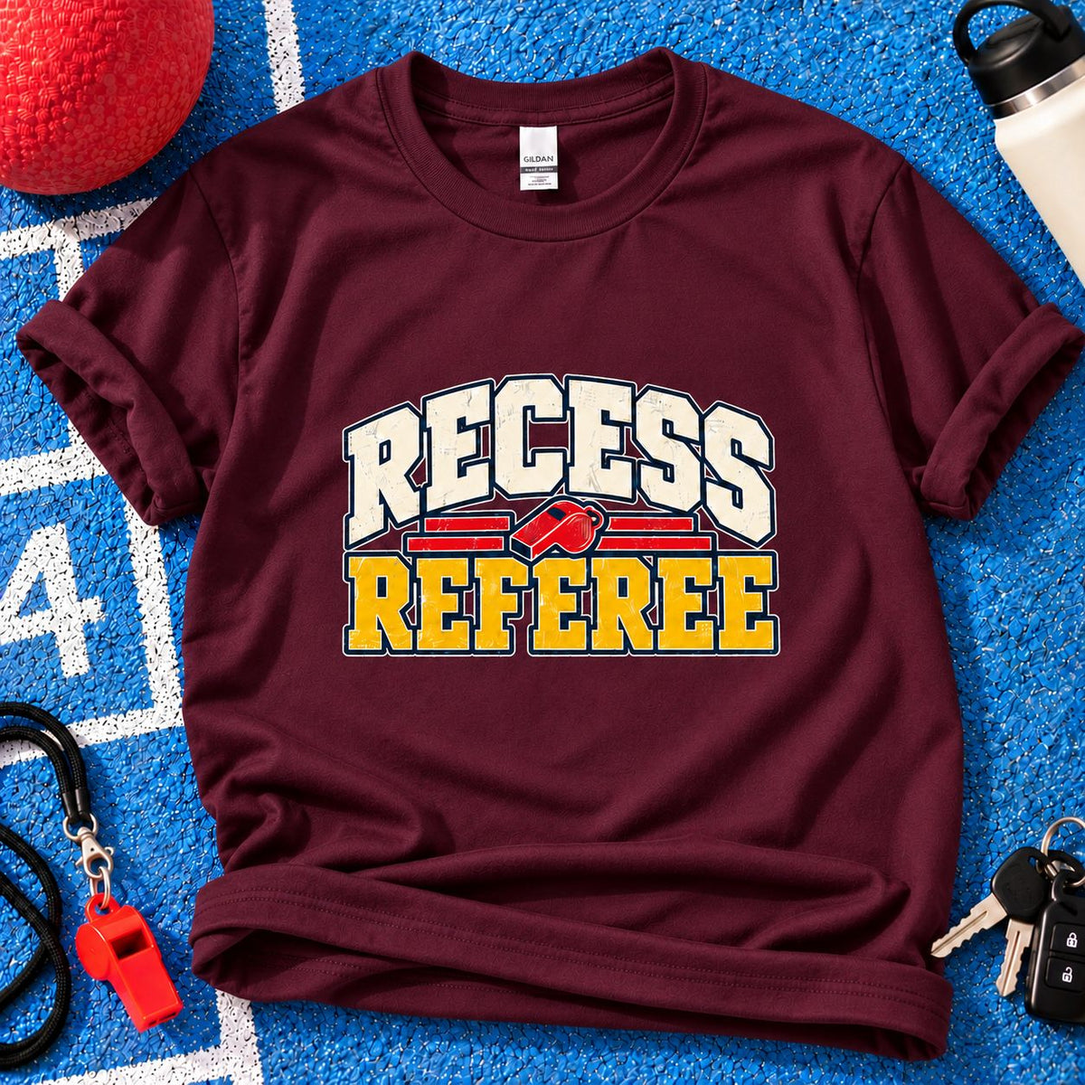 Recess Referee Parent T-Shirt in Maroon on blue playground background