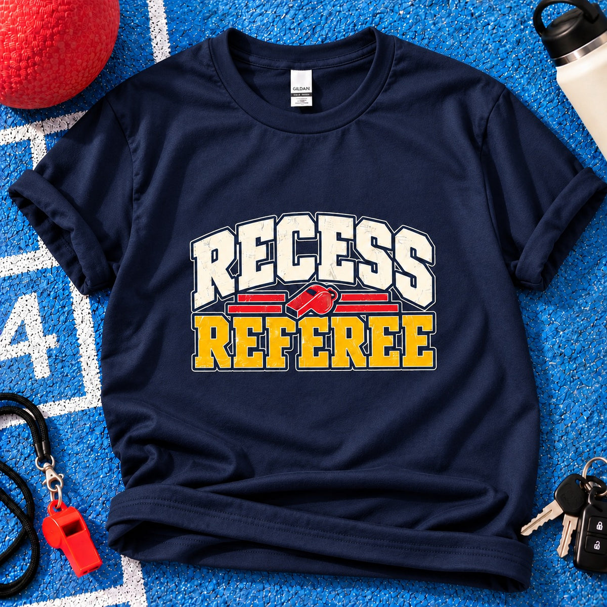 Recess Referee Parent T-Shirt in Navy on blue playground background