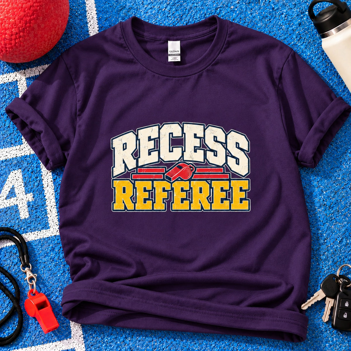 Recess Referee Parent T-Shirt in Purple on blue playground background