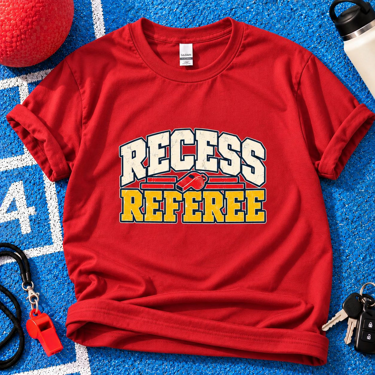 Recess Referee Parent T-Shirt in Red on blue playground background