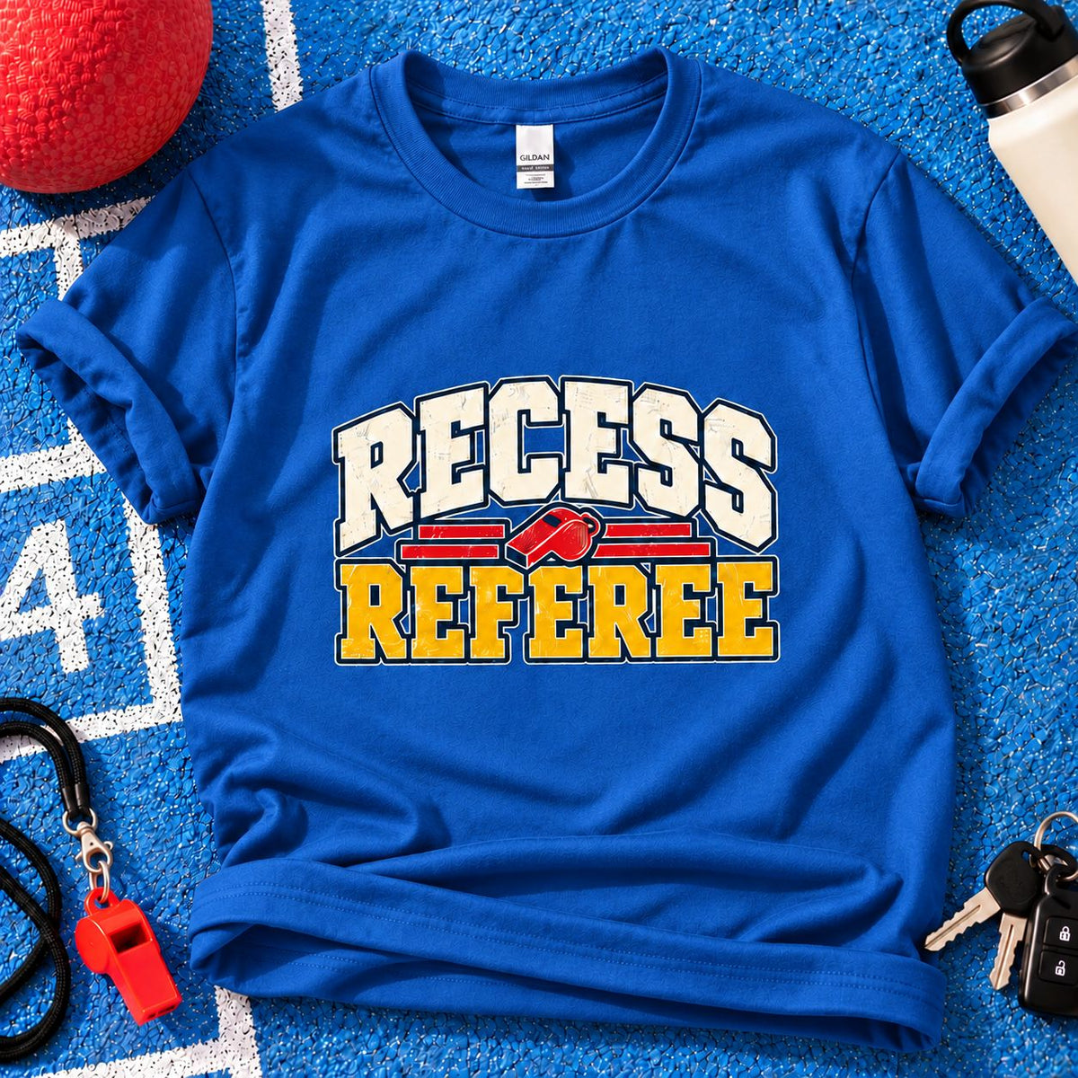 Recess Referee Parent T-Shirt in Royal on blue playground background