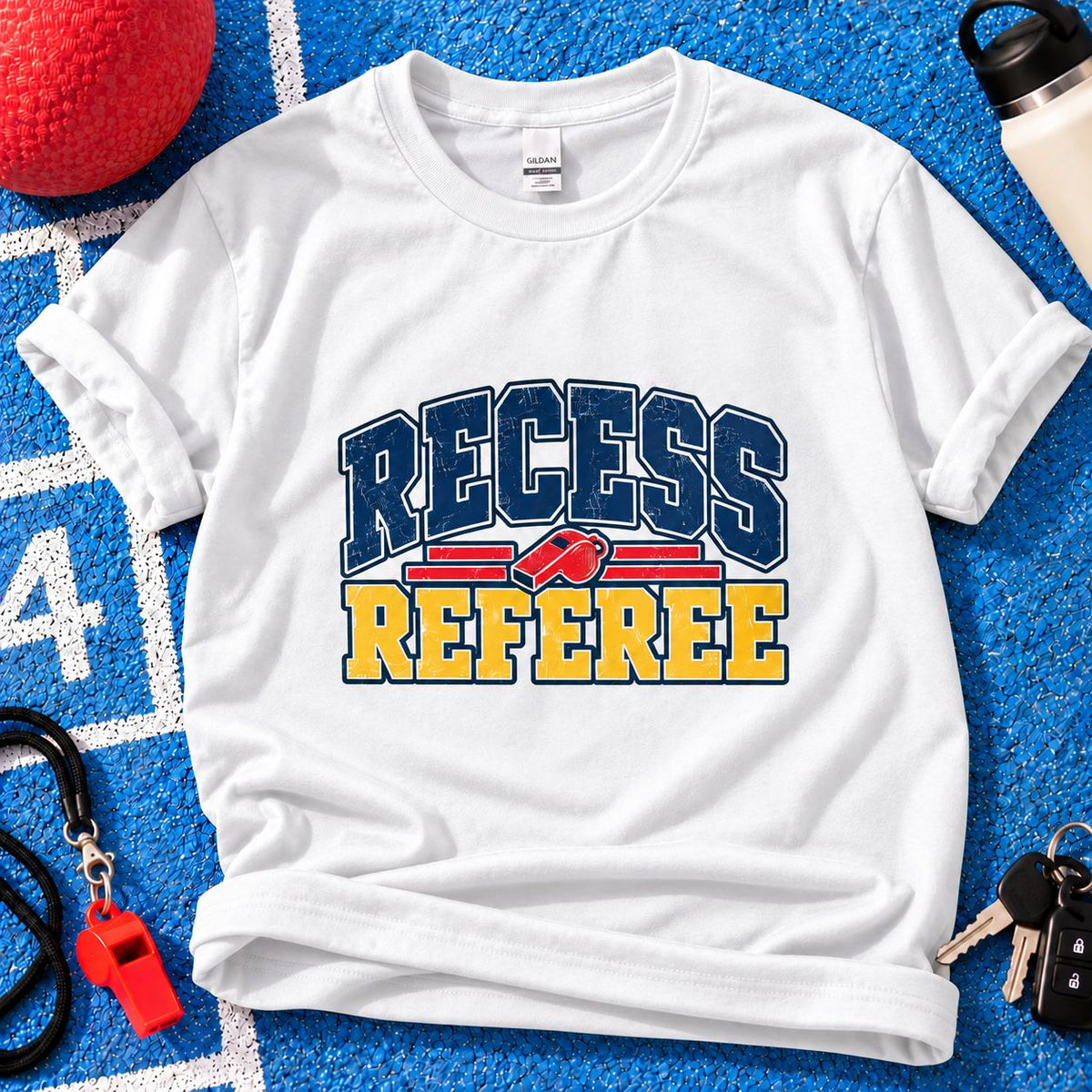Recess Referee Parent T-Shirt in White on blue playground background