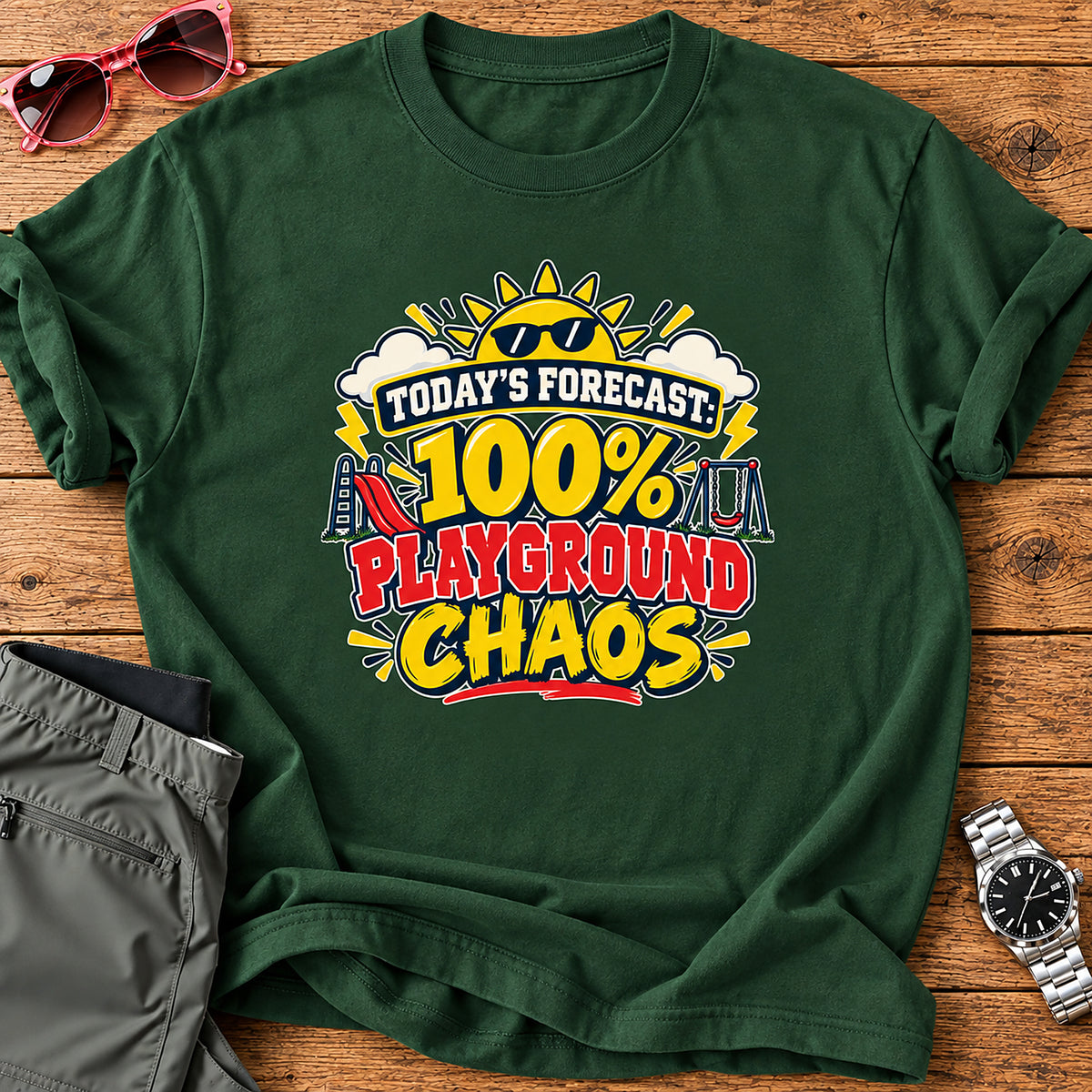Today's Forecast: 100% Playground Chaos Parent T-Shirt - Forest Green