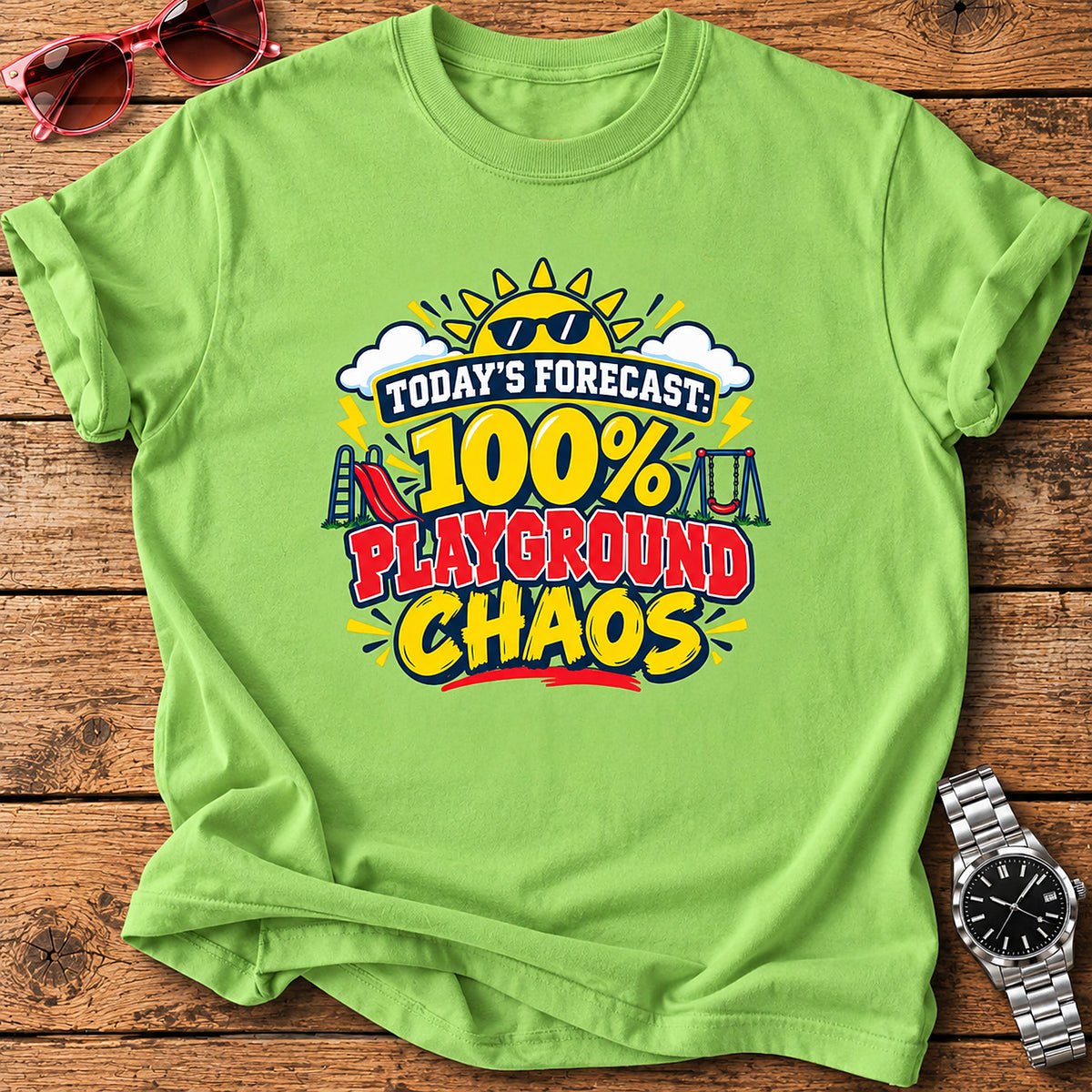 Today's Forecast: 100% Playground Chaos Parent T-Shirt - Lime