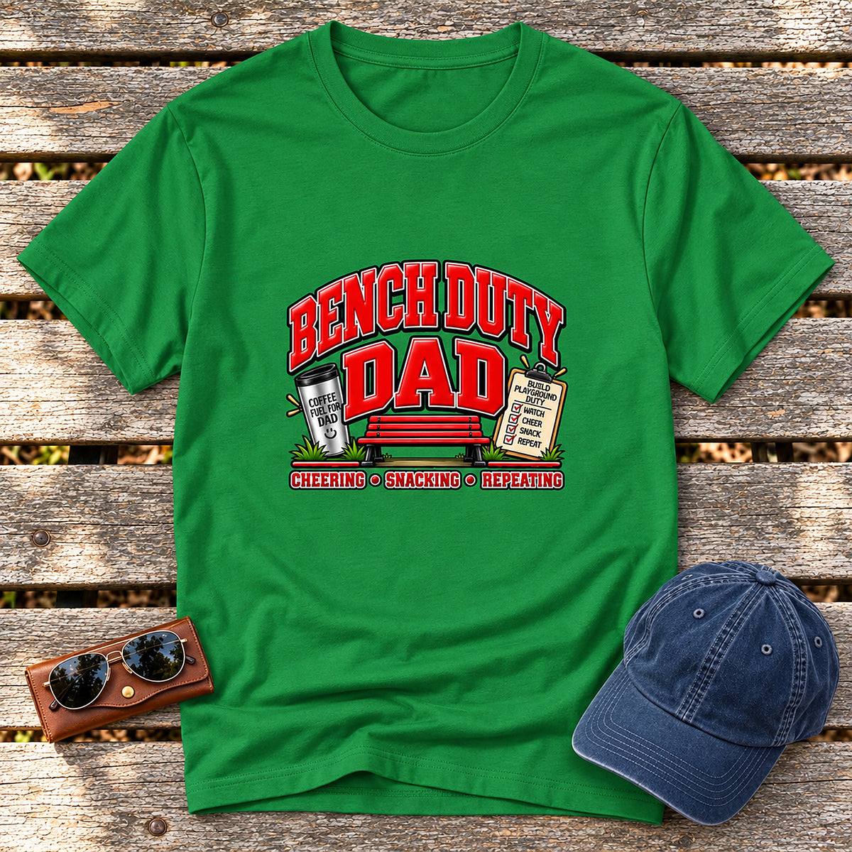 Bench Duty Dad T-Shirt - Cheering, Snacking, Repeating - Irish Green