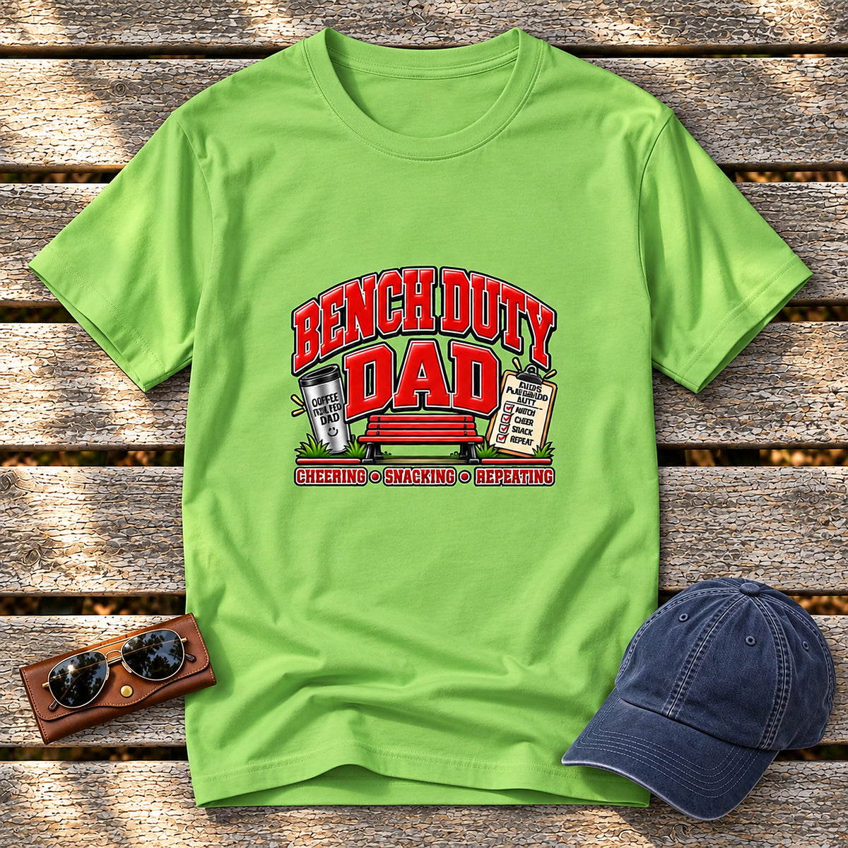 Bench Duty Dad T-Shirt - Cheering, Snacking, Repeating - Lime