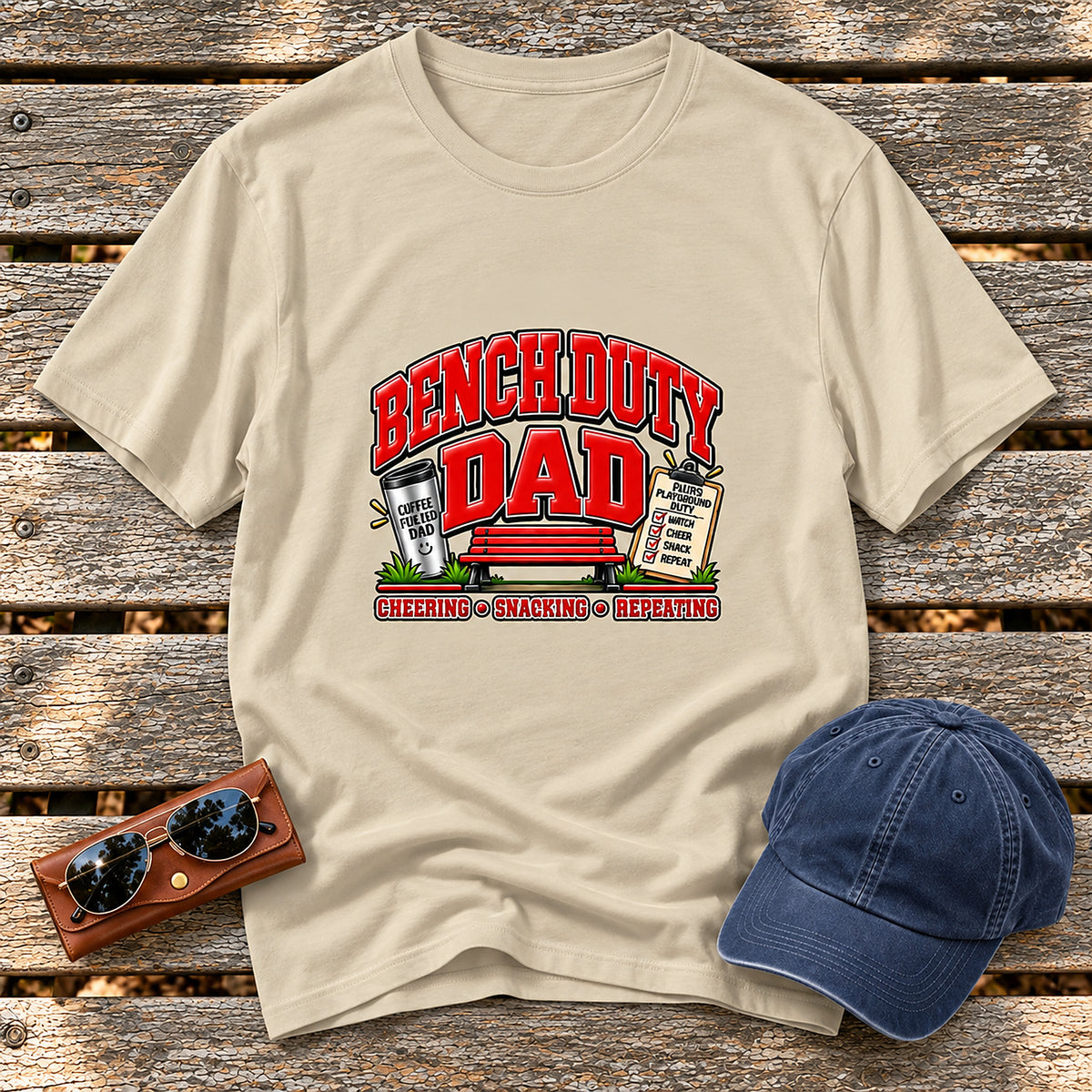 Bench Duty Dad T-Shirt - Cheering, Snacking, Repeating - Sand