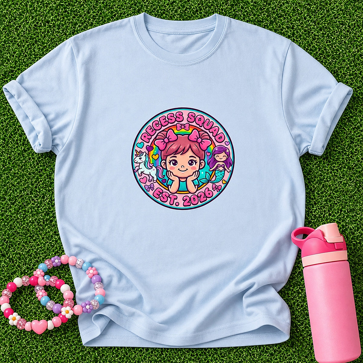 Recess Squad Girls T-Shirt - Unicorn And Mermaid - Light Blue