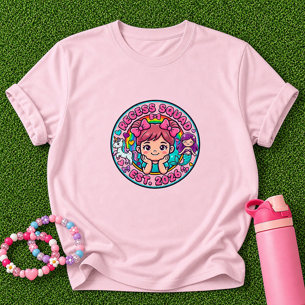 Recess Squad Girls T-Shirt - Unicorn And Mermaid - Light Pink