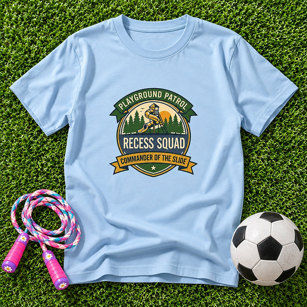 Playground Patrol Commander Of The Slide Kids T-Shirt - Vintage Badge - Light Blue