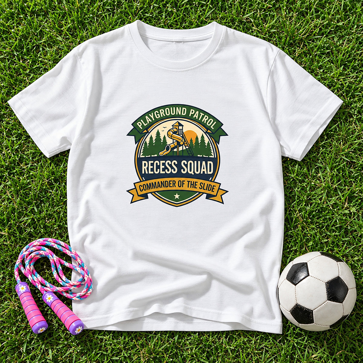 Playground Patrol Commander Of The Slide Kids T-Shirt - Vintage Badge - White