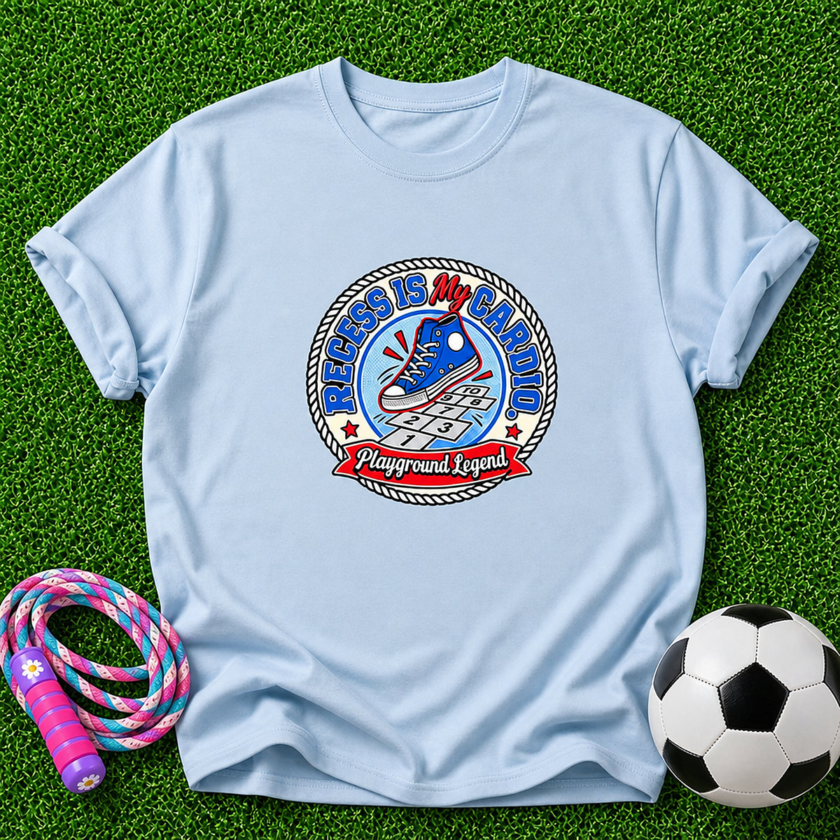 Recess Is My Cardio Playground Legend Kids T-Shirt - Round Badge - Light Blue