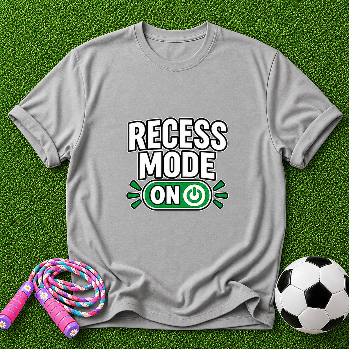 Recess Mode ON Kids T-Shirt - White Lettering - Sport Grey