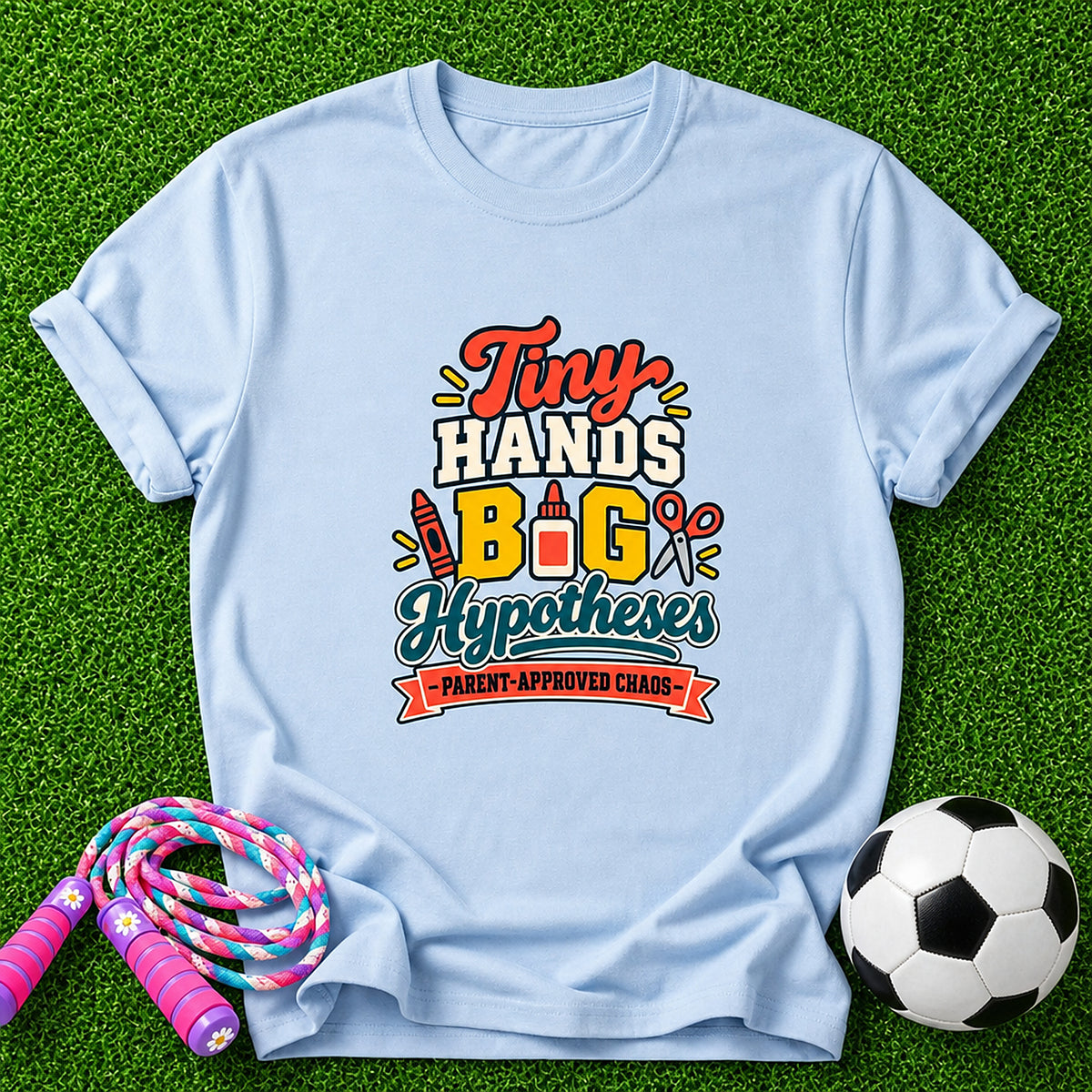 Tiny Hands, Big Hypotheses Kids T-Shirt - Parent-Approved Chaos - Light Blue