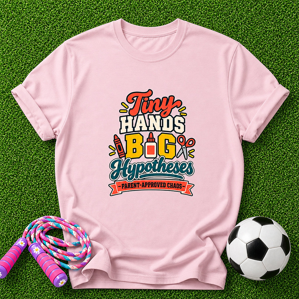 Tiny Hands, Big Hypotheses Kids T-Shirt - Parent-Approved Chaos - Light Pink