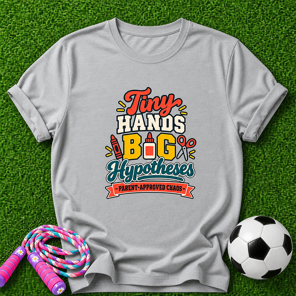 Tiny Hands, Big Hypotheses Kids T-Shirt - Parent-Approved Chaos - Sport Grey