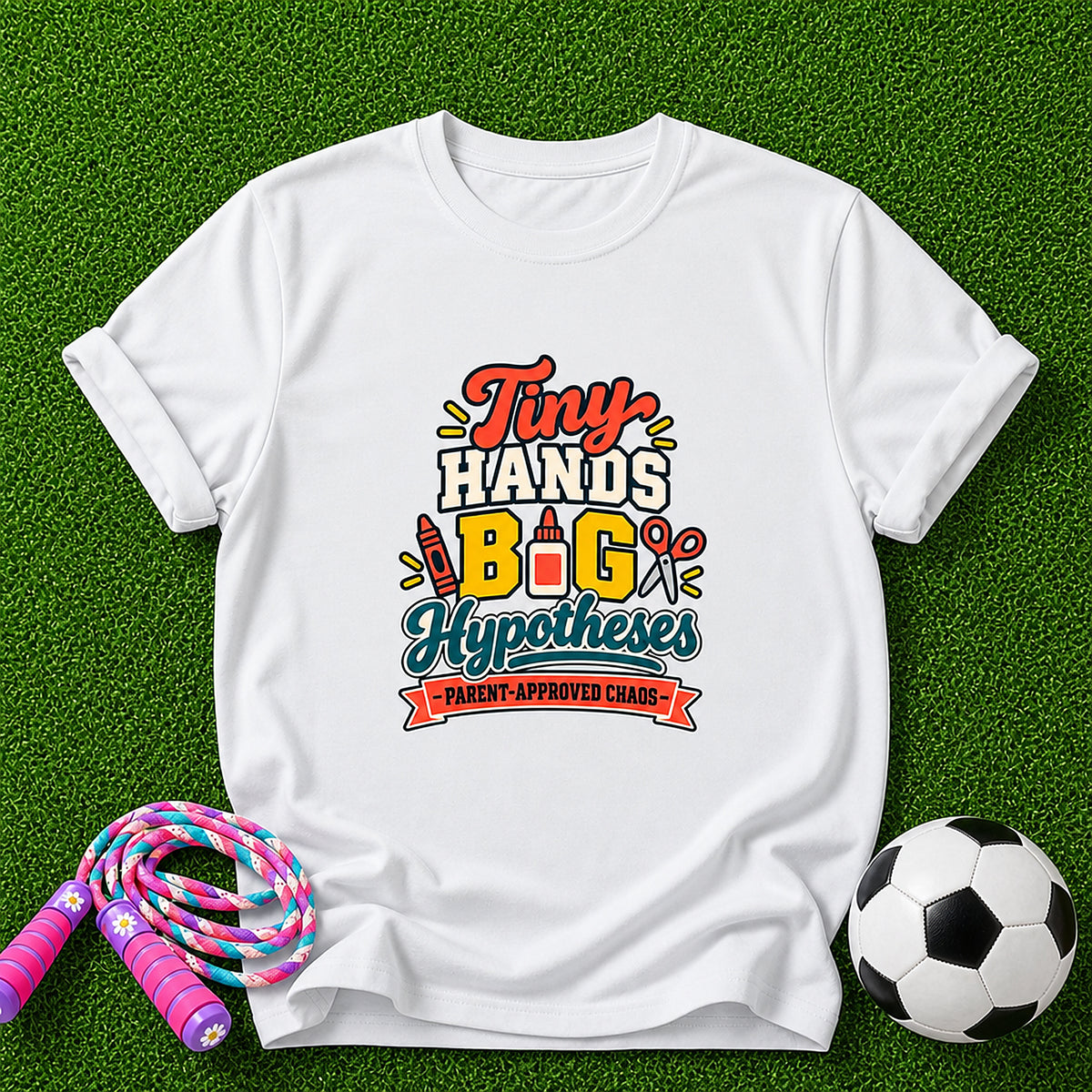 Tiny Hands, Big Hypotheses Kids T-Shirt - Parent-Approved Chaos - White