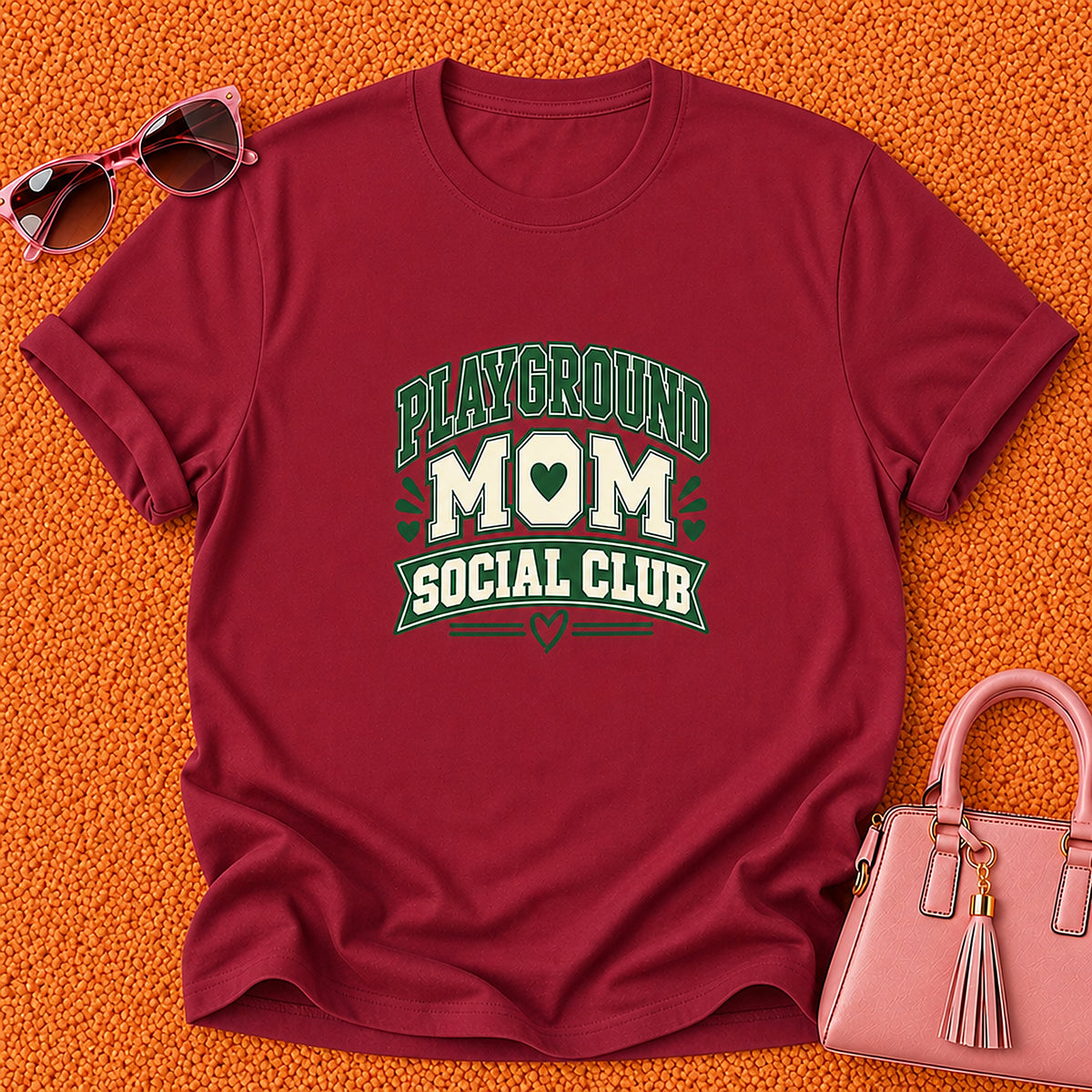 Playground Mom Social Club T-Shirt - Green Heart - Cherry Red