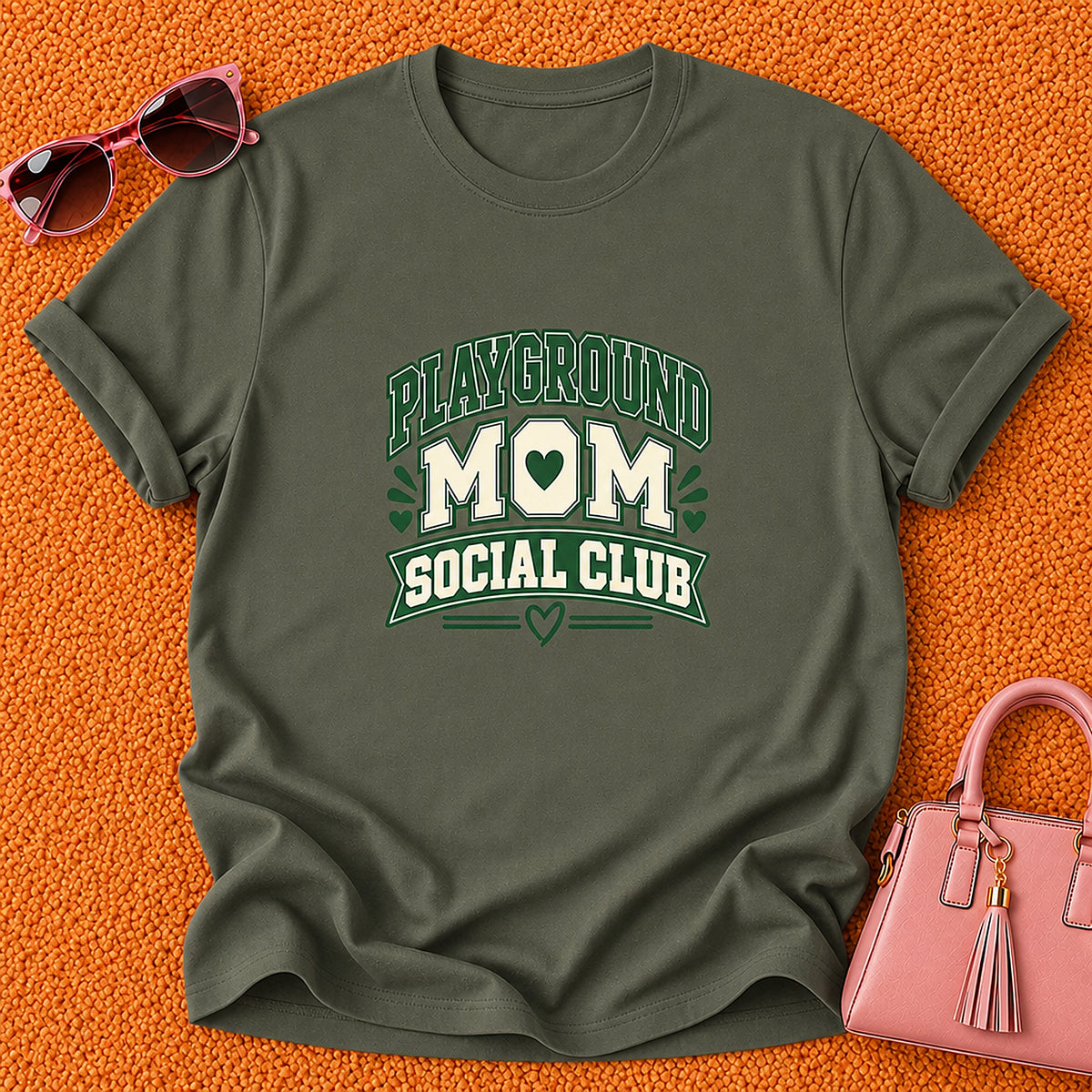 Playground Mom Social Club T-Shirt - Green Heart - Military Green