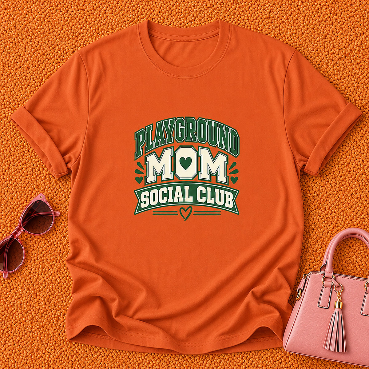 Playground Mom Social Club T-Shirt - Green Heart - Orange