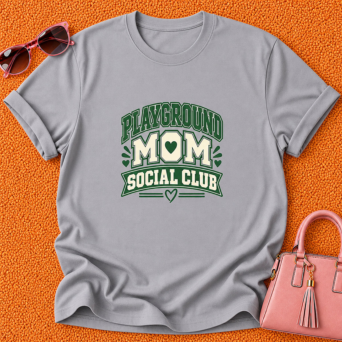 Playground Mom Social Club T-Shirt - Green Heart - Sport Grey