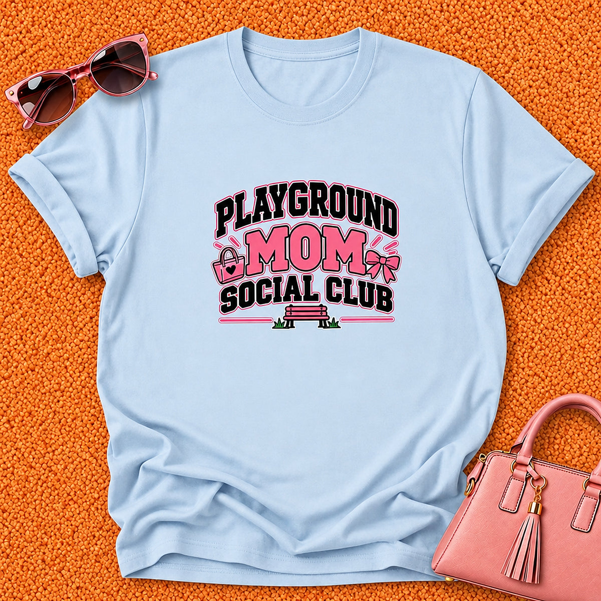 Playground Mom Social Club T-Shirt - Pink Handbag And Bow - Light Blue