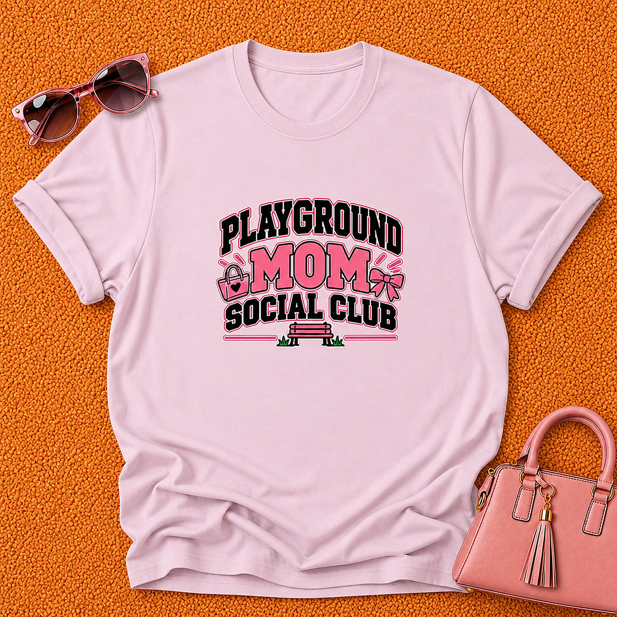 Playground Mom Social Club T-Shirt - Pink Handbag And Bow - Light Pink
