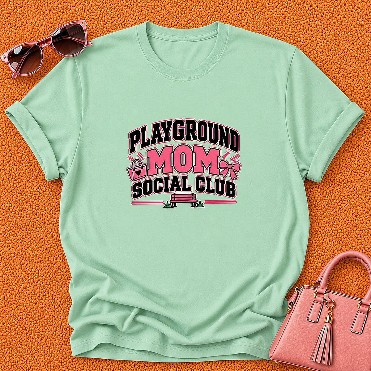 Playground Mom Social Club T-Shirt - Pink Handbag And Bow - Mint Green