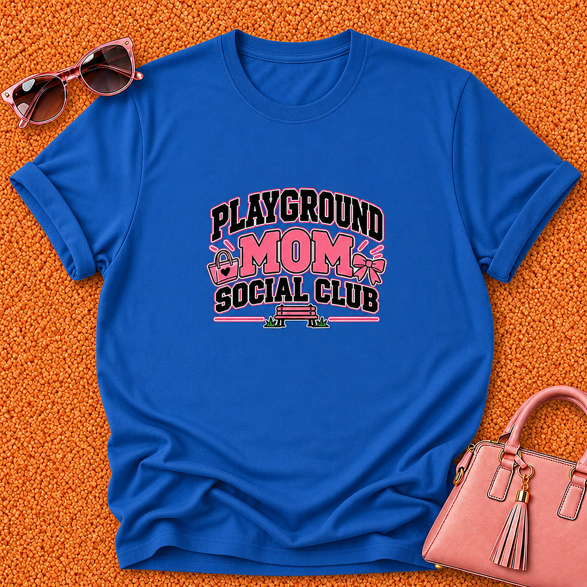 Playground Mom Social Club T-Shirt - Pink Handbag And Bow - Royal