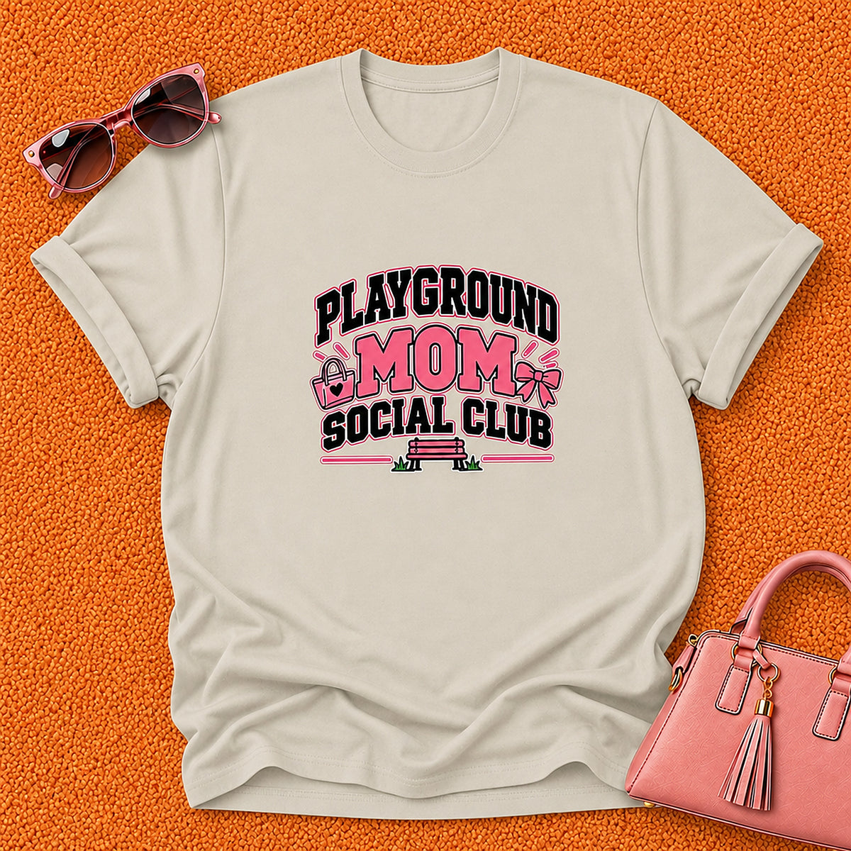 Playground Mom Social Club T-Shirt - Pink Handbag And Bow - Sand
