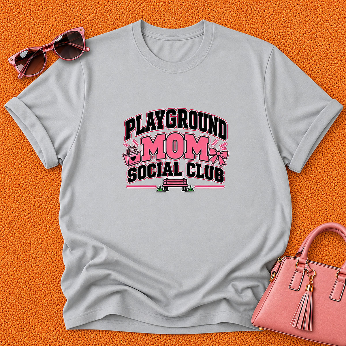 Playground Mom Social Club T-Shirt - Pink Handbag And Bow - Sport Grey