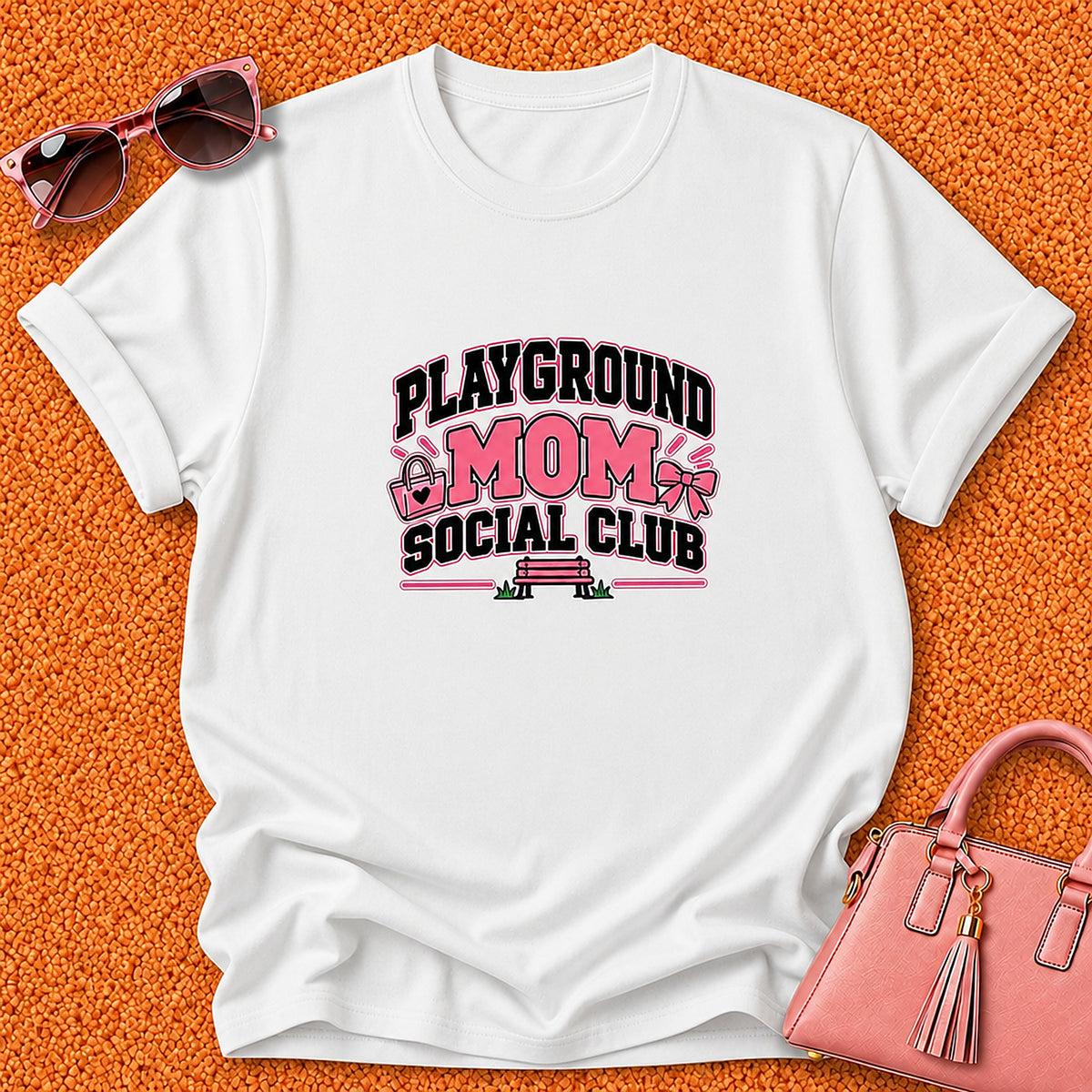 Playground Mom Social Club T-Shirt - Pink Handbag And Bow - White
