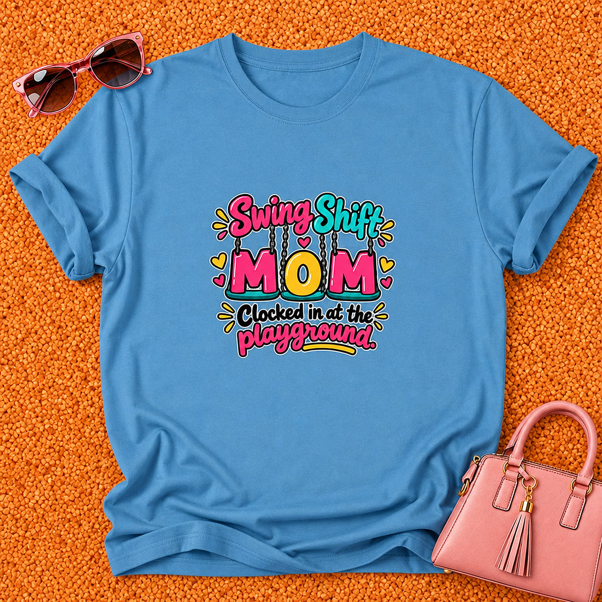 Swing Shift Mom T-Shirt - Clocked In At The Playground - Heather Sapphire
