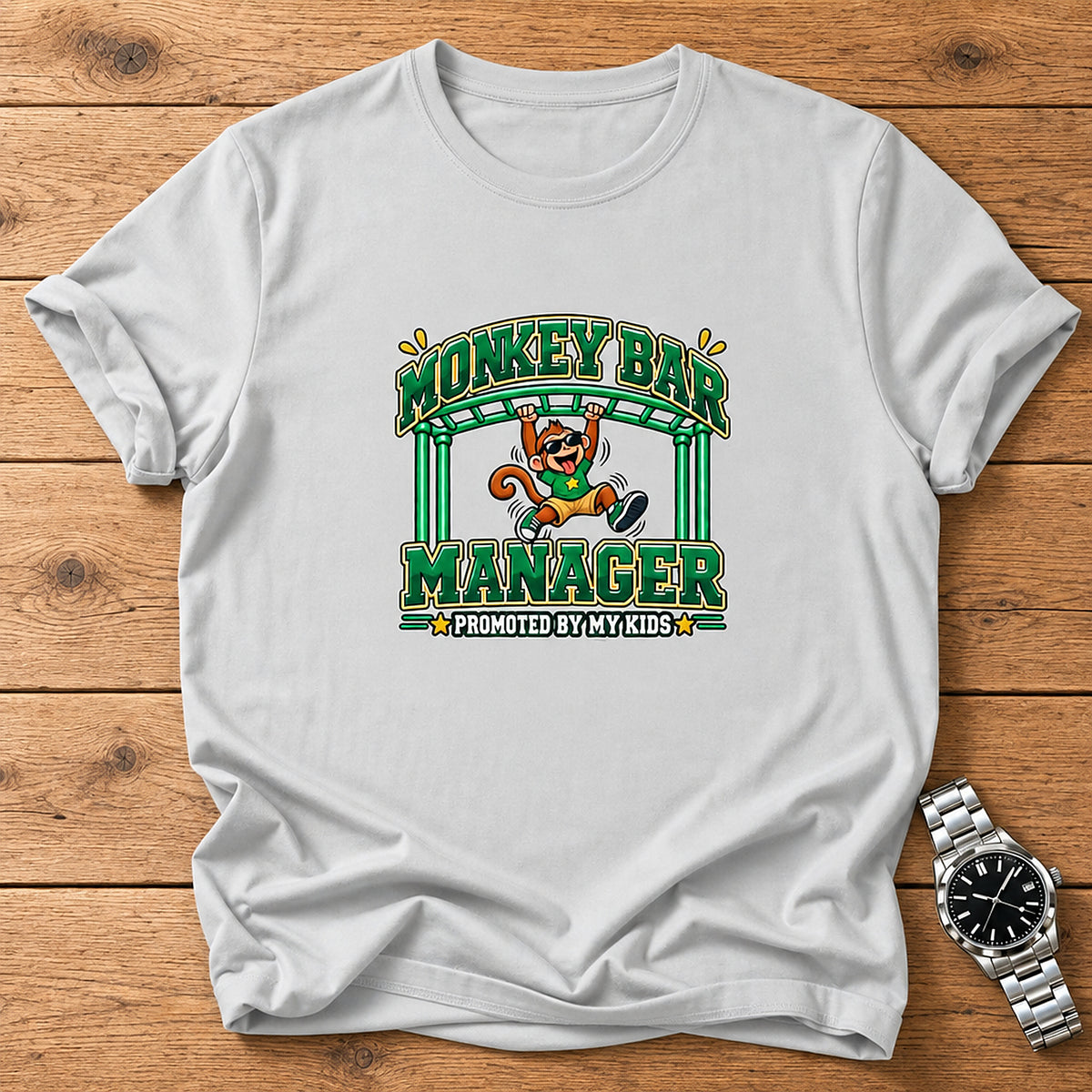 Monkey Bar Manager T-Shirt - Promoted By My Kids - Ice Grey