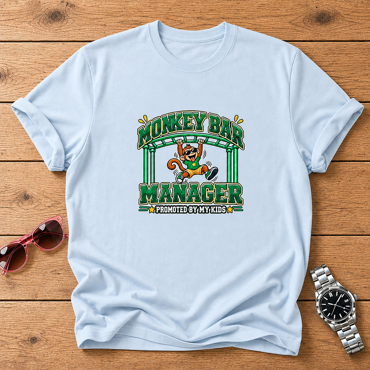 Monkey Bar Manager T-Shirt - Promoted By My Kids - Light Blue